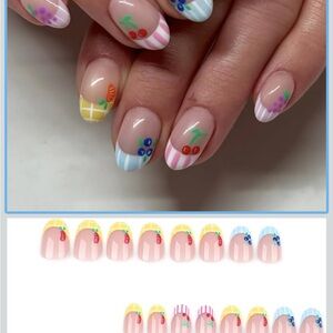 Cute Fruit Stripe Press-On Nails — Pastel Pink, Blue, Yellow